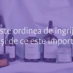 A skincare routine with bottles and jars arranged in order from thinnest to thickest texture, clean aesthetics, pastel colors, illustrative style.