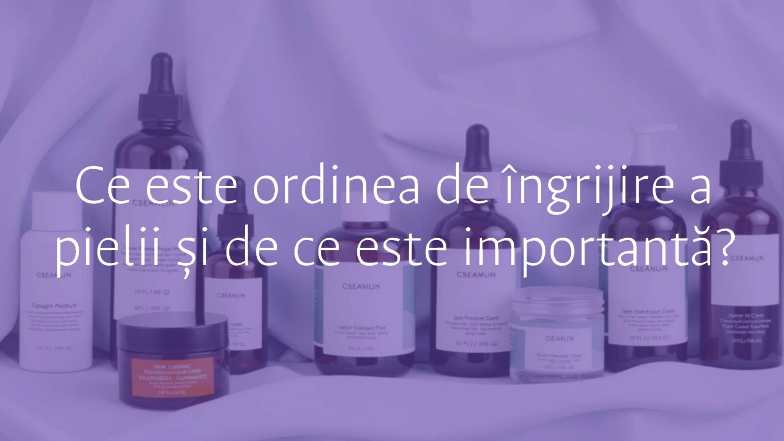 A skincare routine with bottles and jars arranged in order from thinnest to thickest texture, clean aesthetics, pastel colors, illustrative style.