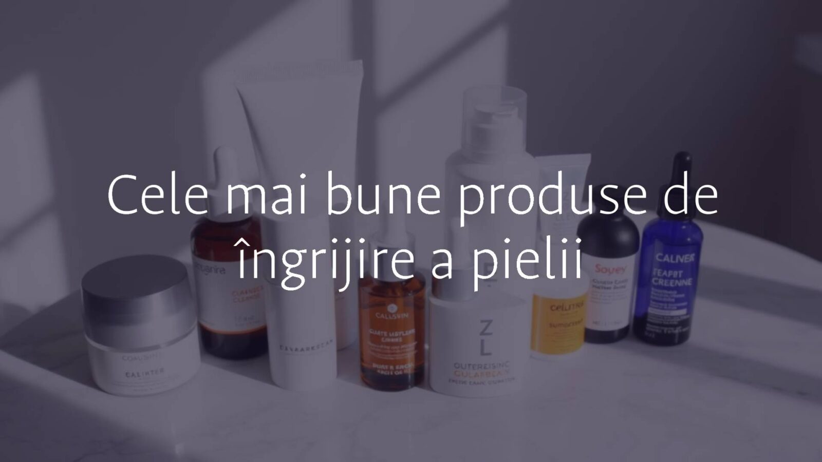 Assortment of skincare products on a marble table, including cleansers, moisturizers, serums, and sunscreen, natural daylight, clean aesthetic.