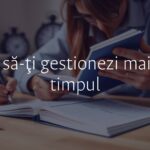 A person using a planner with a clock in the background, organized workspace, calm and focused ambiance, realistic style.