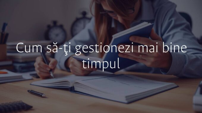 A person using a planner with a clock in the background, organized workspace, calm and focused ambiance, realistic style.