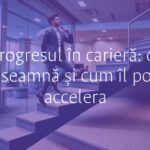 A professional climbing a staircase made of career milestones, modern office background, motivational atmosphere, realistic style.