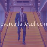 A confident professional climbing a golden staircase in a modern office, symbolizing career promotion, with coworkers applauding, realistic.