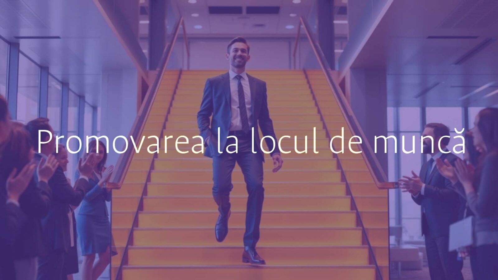 A confident professional climbing a golden staircase in a modern office, symbolizing career promotion, with coworkers applauding, realistic.