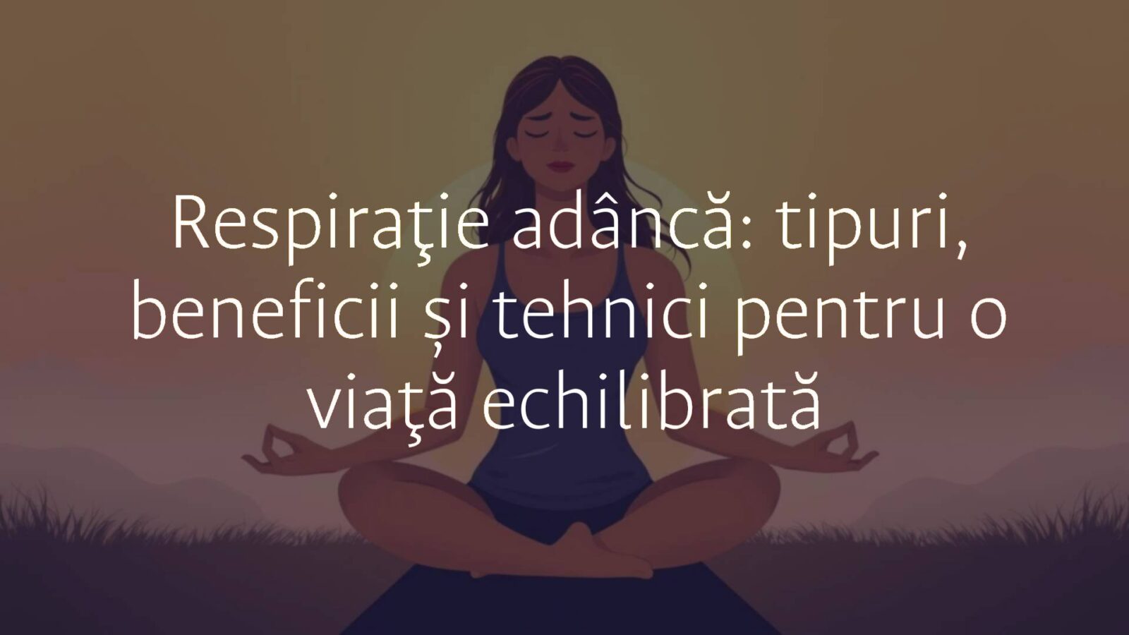 A serene woman practicing deep breathing, sitting in lotus pose, golden sunrise background, peaceful atmosphere, soft focus, illustrative style.