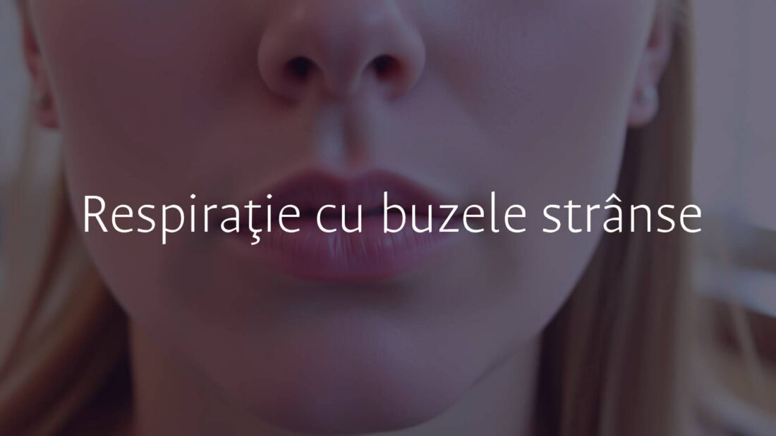 A person practicing pursed-lip breathing, lips slightly puckered as if blowing through a straw, calm and focused expression, soft natural lighting, realistic style.