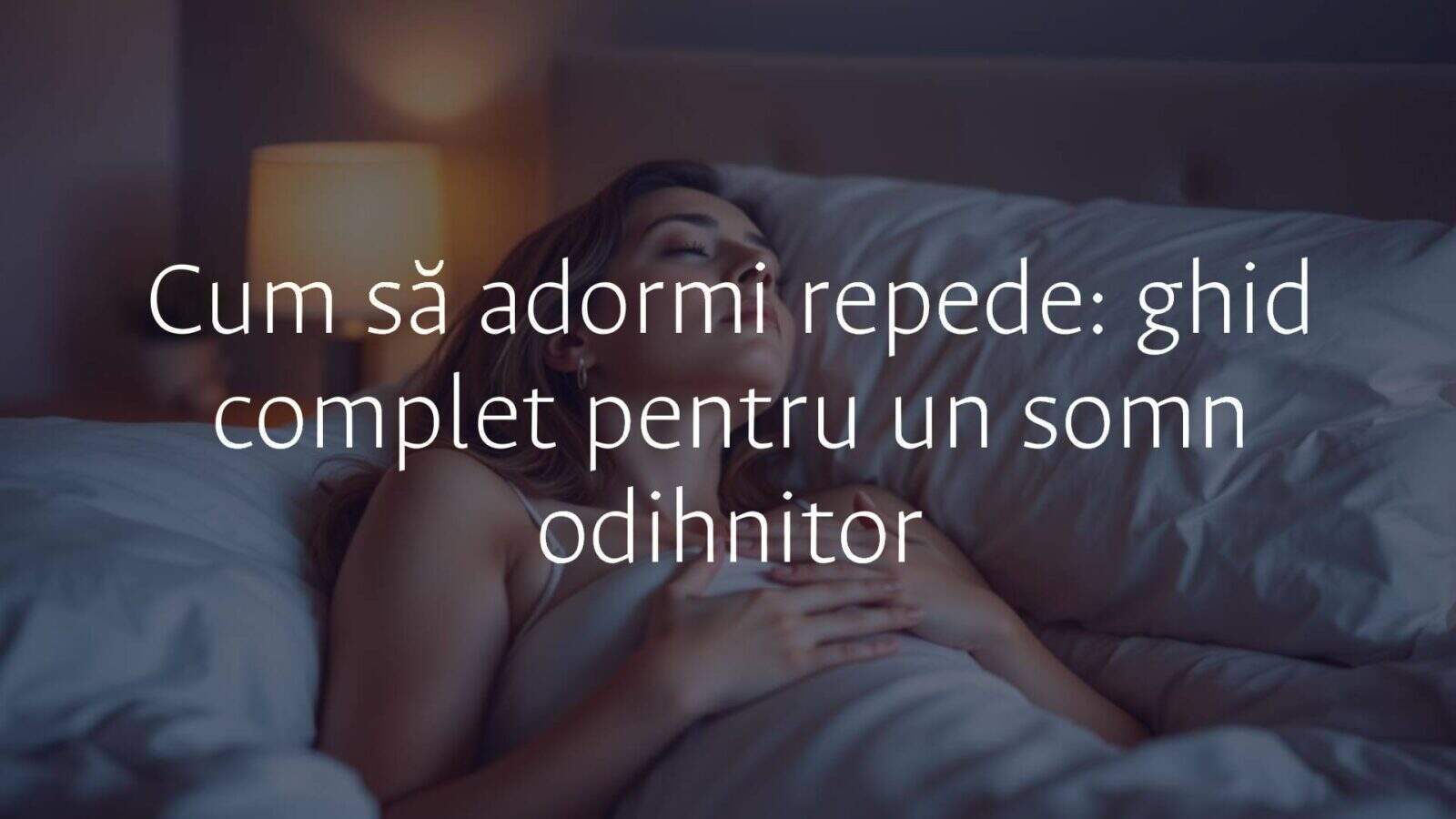 A calm woman practicing deep breathing exercises in bed, dim lighting, cozy bedroom, peaceful atmosphere, realistic.