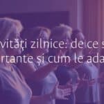 A diverse group of people engaged in daily activities, morning routine, realistic, warm lighting, organized and balanced atmosphere.