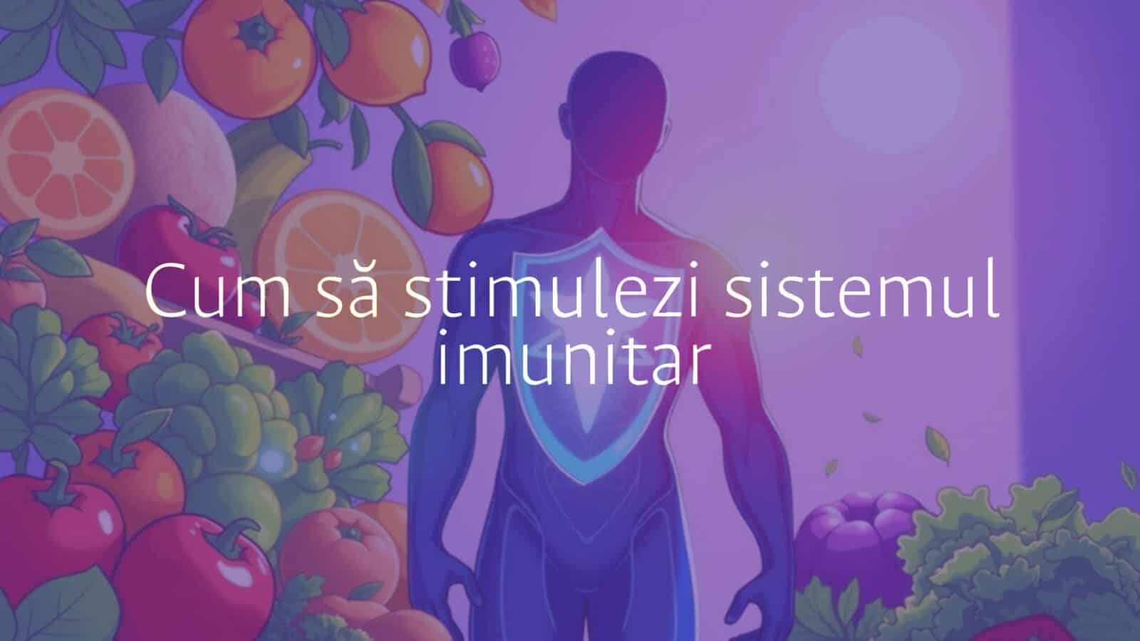 A healthy immune system concept, glowing shield protecting a human body, surrounded by fresh fruits, vegetables, and sunlight, vibrant colors, illustrative style.