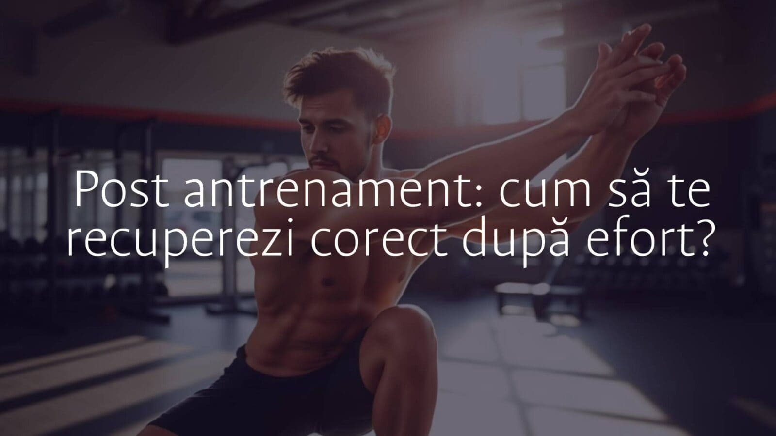 A tired but happy athlete stretching after workout, gym setting, natural light, realistic.