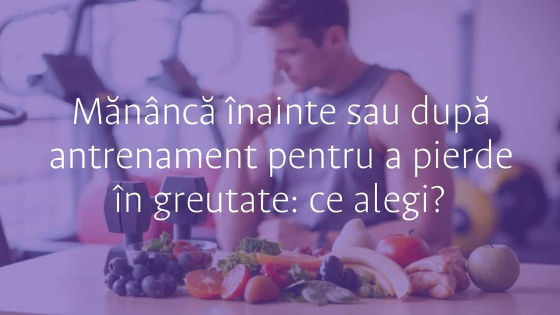 A person deciding between eating before or after workout, healthy food and dumbbells on table, gym background, motivational vibe, realistic.