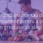 A person deciding between eating before or after workout, healthy food and dumbbells on table, gym background, motivational vibe, realistic.