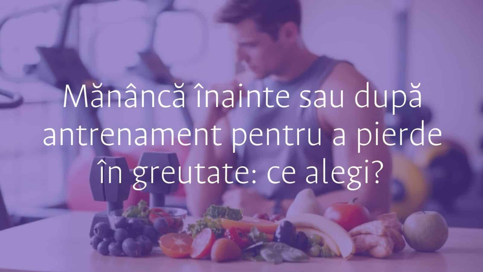 A person deciding between eating before or after workout, healthy food and dumbbells on table, gym background, motivational vibe, realistic.