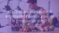 A person deciding between eating before or after workout, healthy food and dumbbells on table, gym background, motivational vibe, realistic.